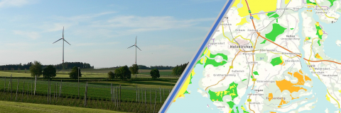Windräder in der Landschaft und Ansicht der Karte der Gebietskulisse Windkraft (Bildquellen: Armin Nefzger, LfU, und Energie-Atlas Bayern)