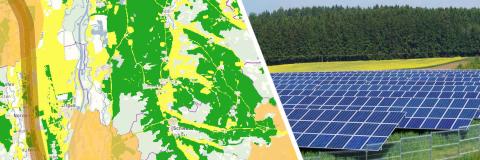 Ein Ausschnitt der Karte PV-Freiflächenkulisse und eine Photovoltaik-Freiflächenanlage in Preising (Bildquelle: Energie-Atlas Bayern)