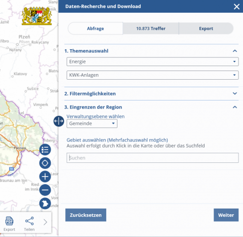 Funktion "Datenrecherche und Download" im Energie-Atlas Bayern (Bildquelle: Energie-Atlas Bayern)