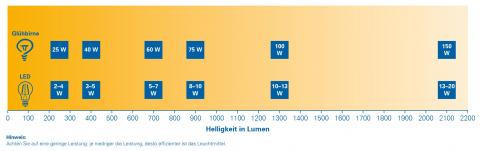 Vergleich Lumen und Wattzahl von Glühbirne und LED (Bildquelle: Energie-Atlas Bayern)