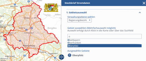 Beispielhafte Ansicht für das Auswahlmenü aus dem "Steckbrief Stromdaten" (Bildquelle: Energie-Atlas Bayern)